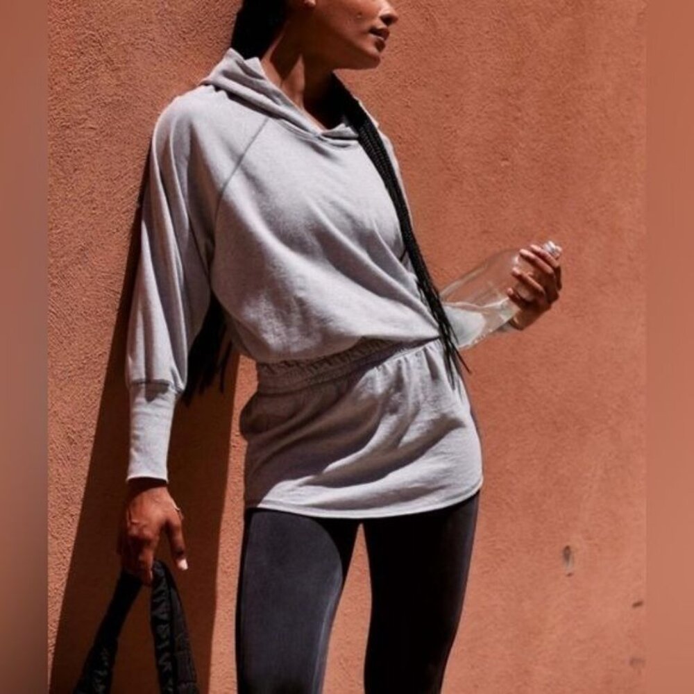 NWT Free People Gray Fleece Hooded Tunic Mini Dress | Athleisure Quiet Luxury M